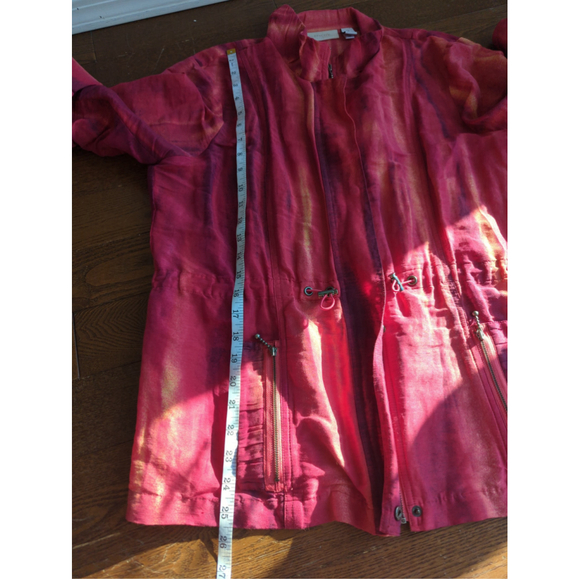 Chico's Women Linen Jacket Pink Art to Wear Abstract Cinch Waist Sz 2 Windbreake - Picture 9 of 9